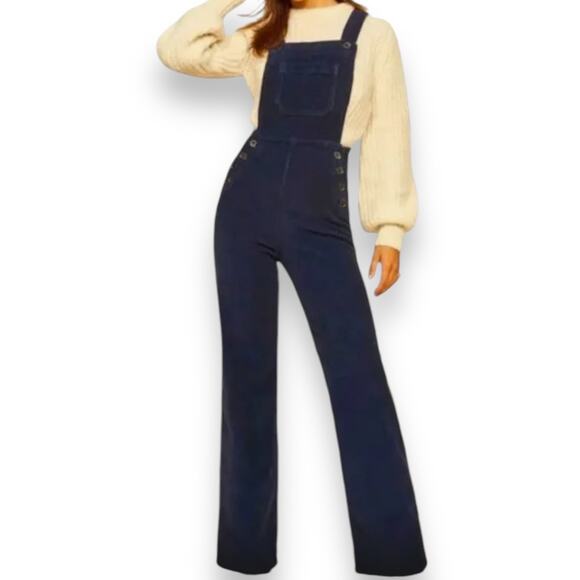 Reformation Navy Corduroy Baldwin Overalls Ribbed Wide Leg Women's 10 Blue - Picture 1 of 14
